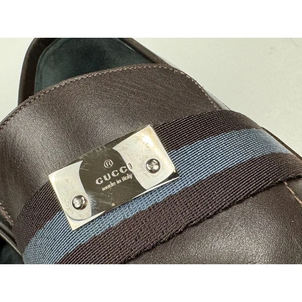 GUCCI Brown Leather Blue Ribbon Luxury Loafer Mens 8.5 D Flaw* Comfort‎ Shoes